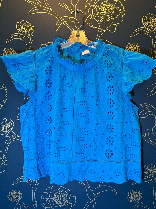 Jennifer & Grace Tops - JENNIFER & GRACE flutter sleeve eyelet top BLUE size XL cotton LACE